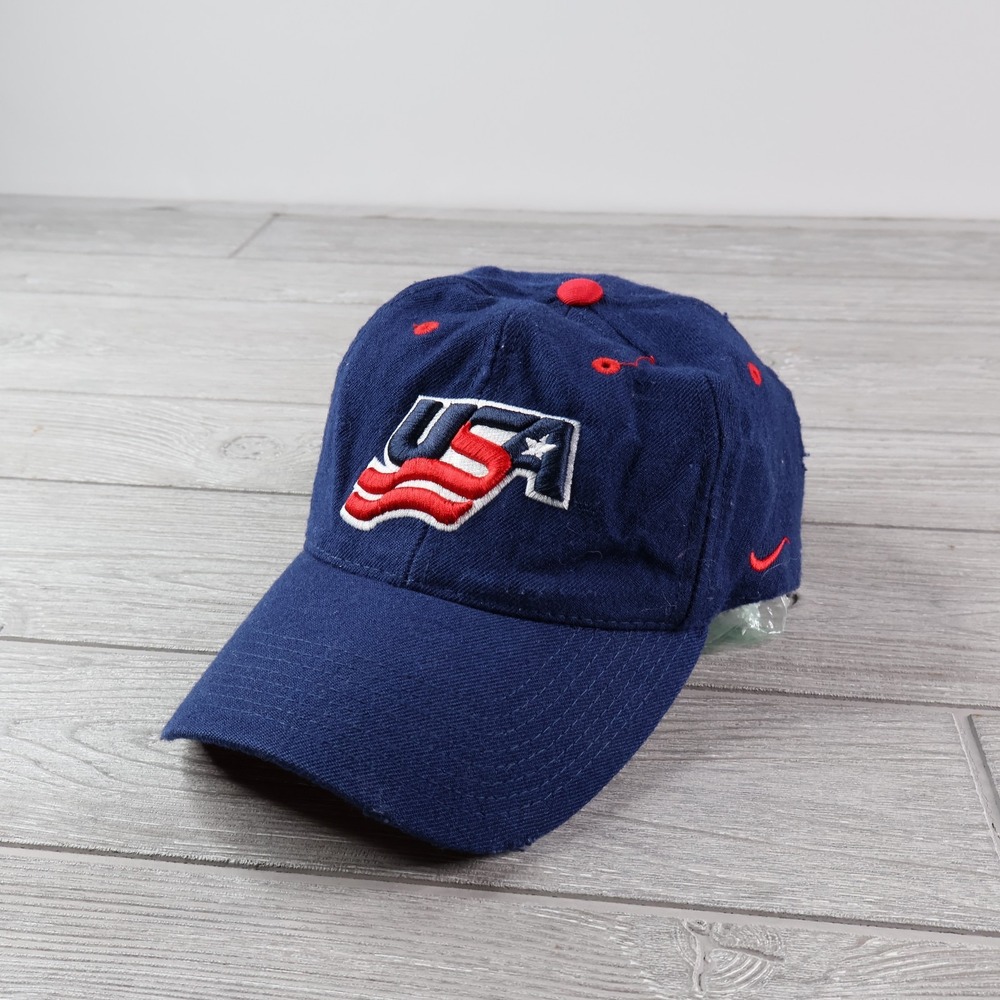 Vintage 90's Nike Team USA Hockey Blue Wool Strap Back Hat Cap One Size